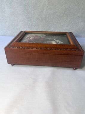 Sankyo Walnut Finish Music Jewelry Box Picture Frame Plays Happy Birthday Song